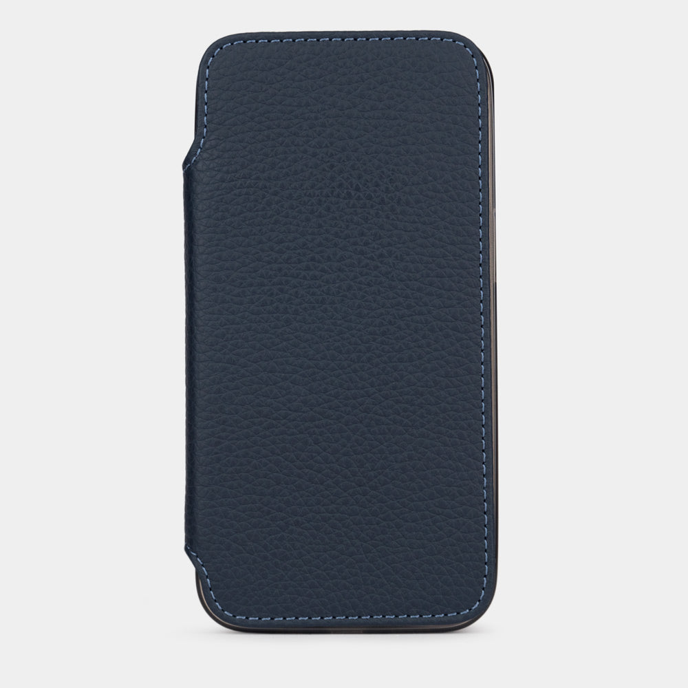 Blue Calfskin Wallet Case iPhone 15 Pro Max – upright closed view highlighting the magnetic front cover fully protecting the screen, elegant silhouette