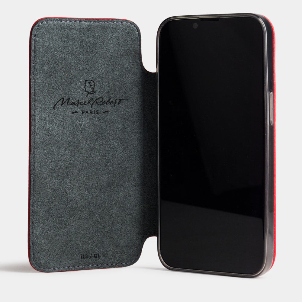 Red Calfskin Wallet Case iPhone 15 Pro Max – view from camera side and how the lenses are efficiently protected
