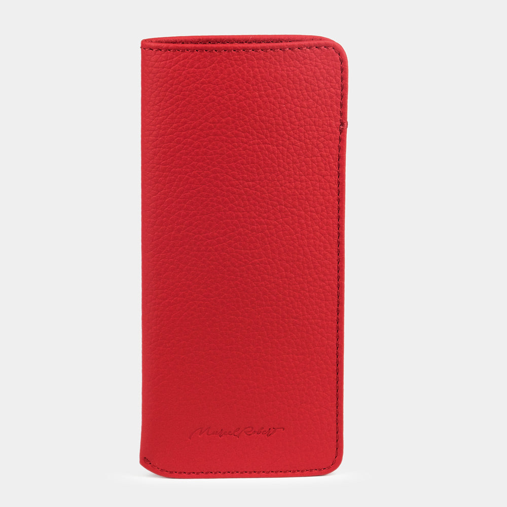 Pocket glasses pouch in red calfskin, front view, stitched edges