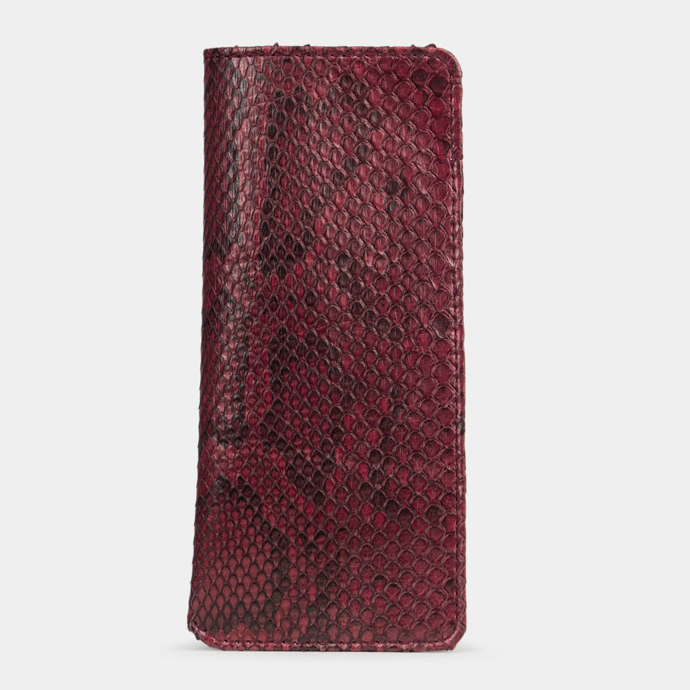 Pocket glasses pouch in bordeaux python, front view, scales running to the edge
