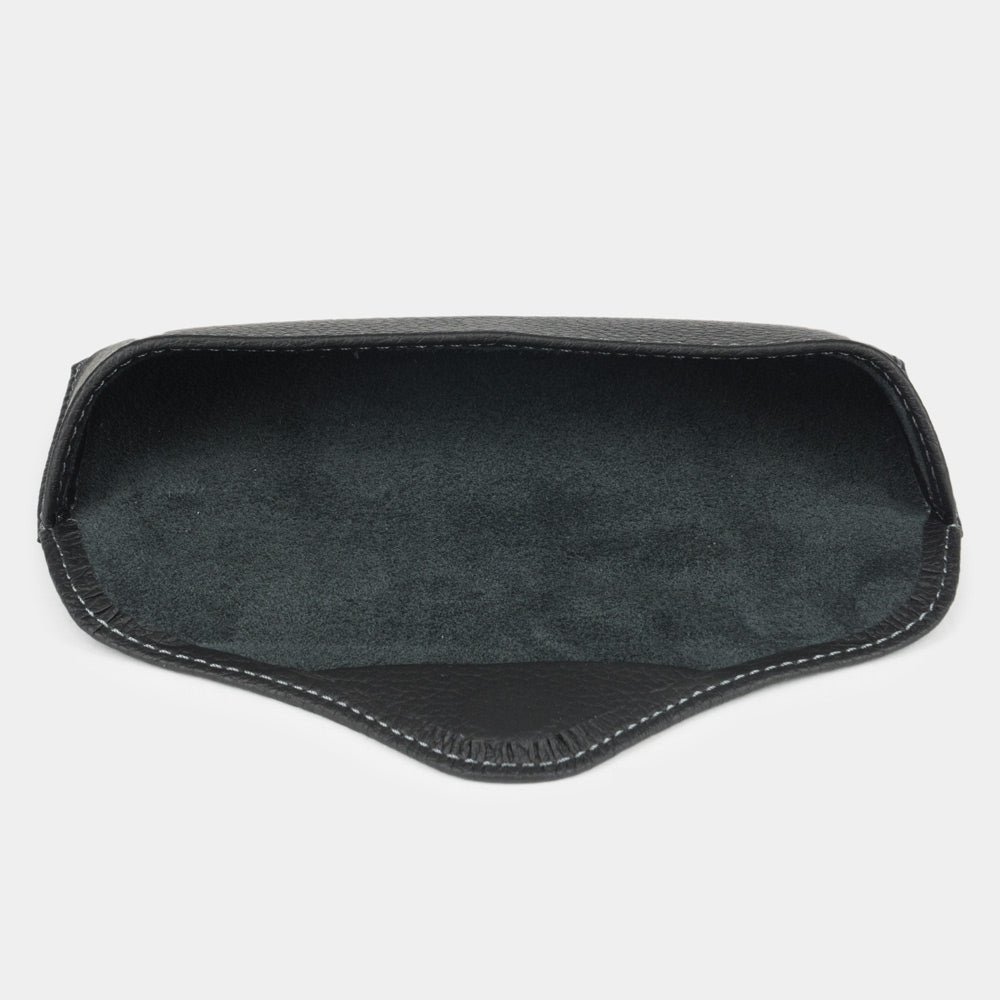 Black leather hard glasses case with soft interior lining for eyewear protection