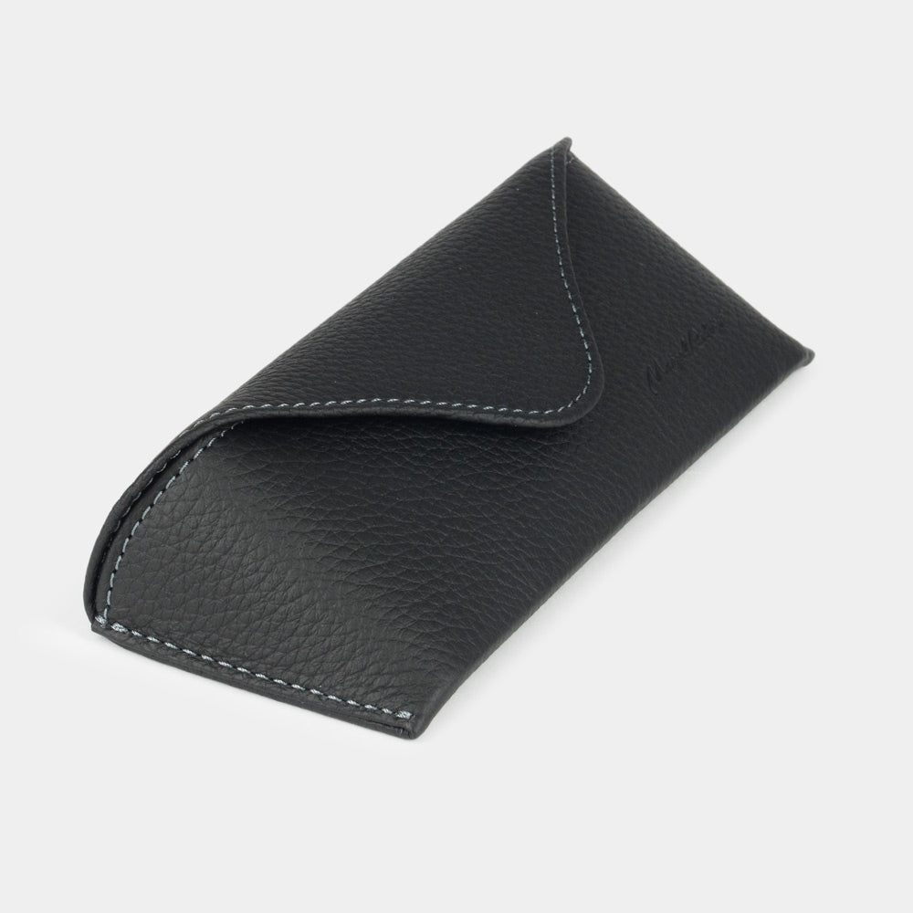 Black calfskin Casual glasses case at an angle, curved magnetic flap