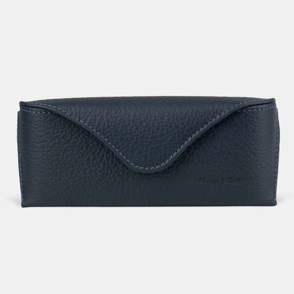 Casual glasses case in blue calfskin, front view with the flap closed