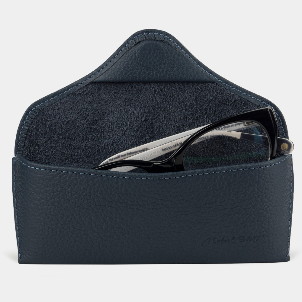 Casual glasses case in blue calfskin, flap open with glasses inside