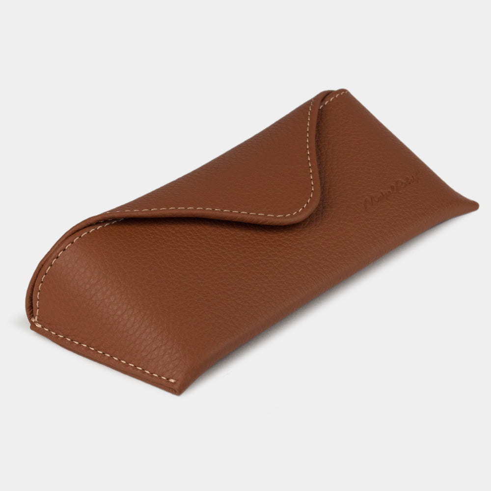 Gold calfskin Casual glasses case at an angle, curved magnetic flap