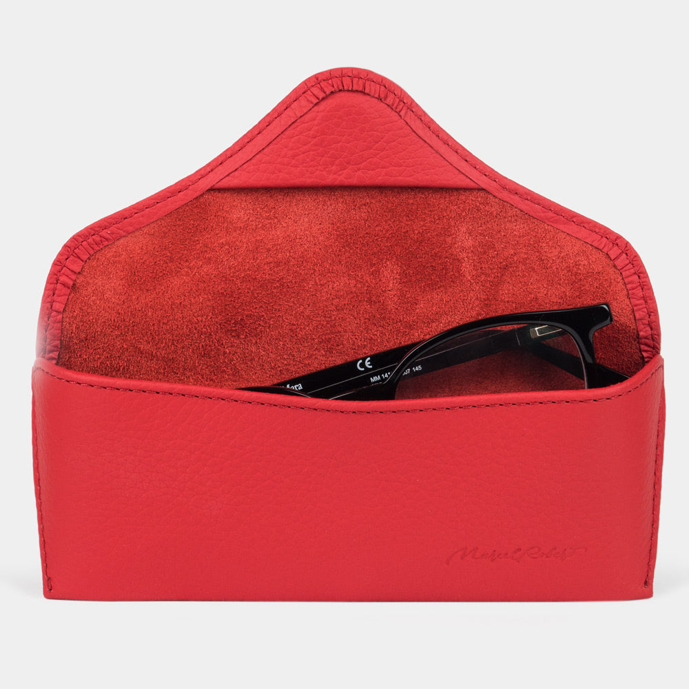 Casual glasses case in red calfskin, flap open with glasses inside