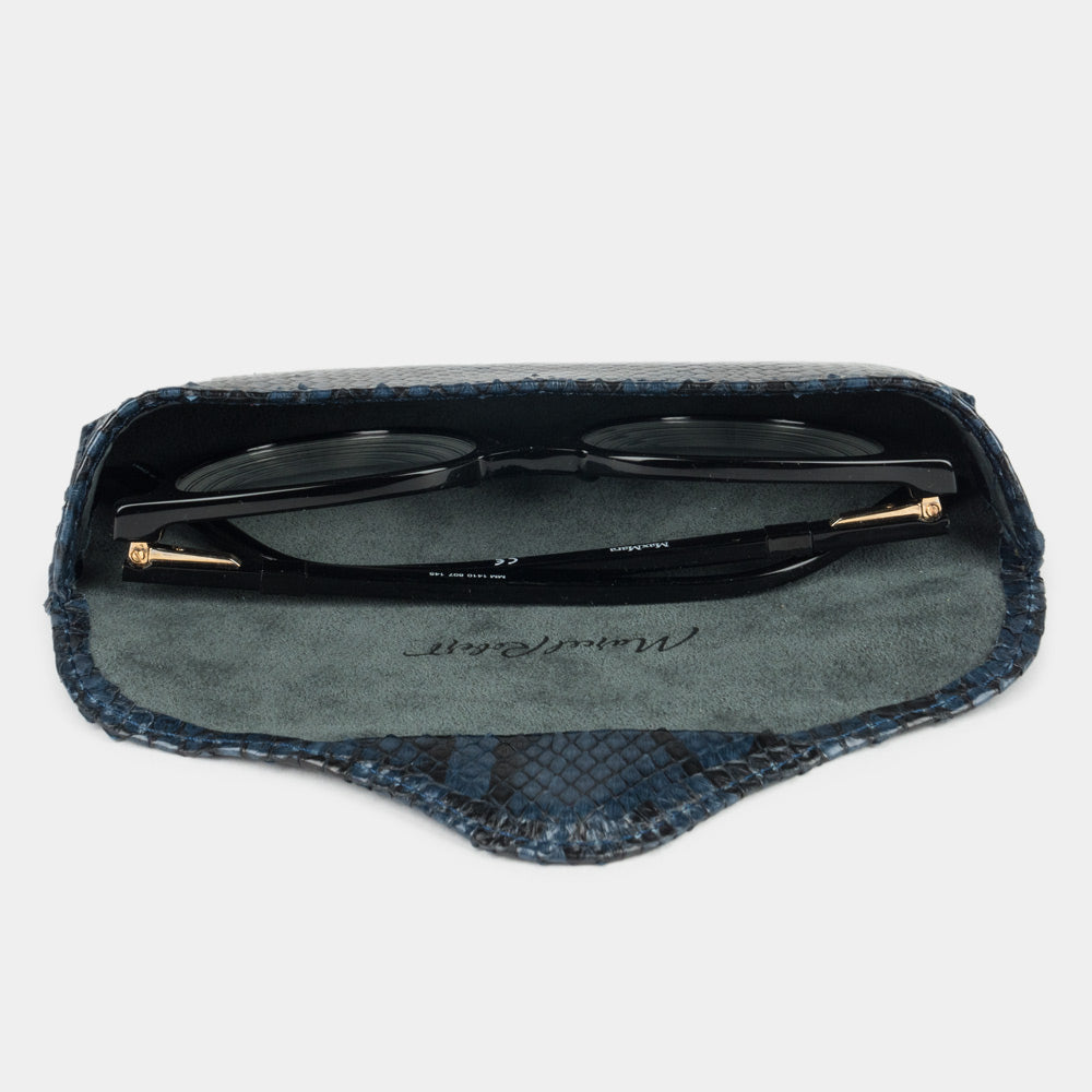 Blue python leather Casual case seen from above, glasses resting on the suede
