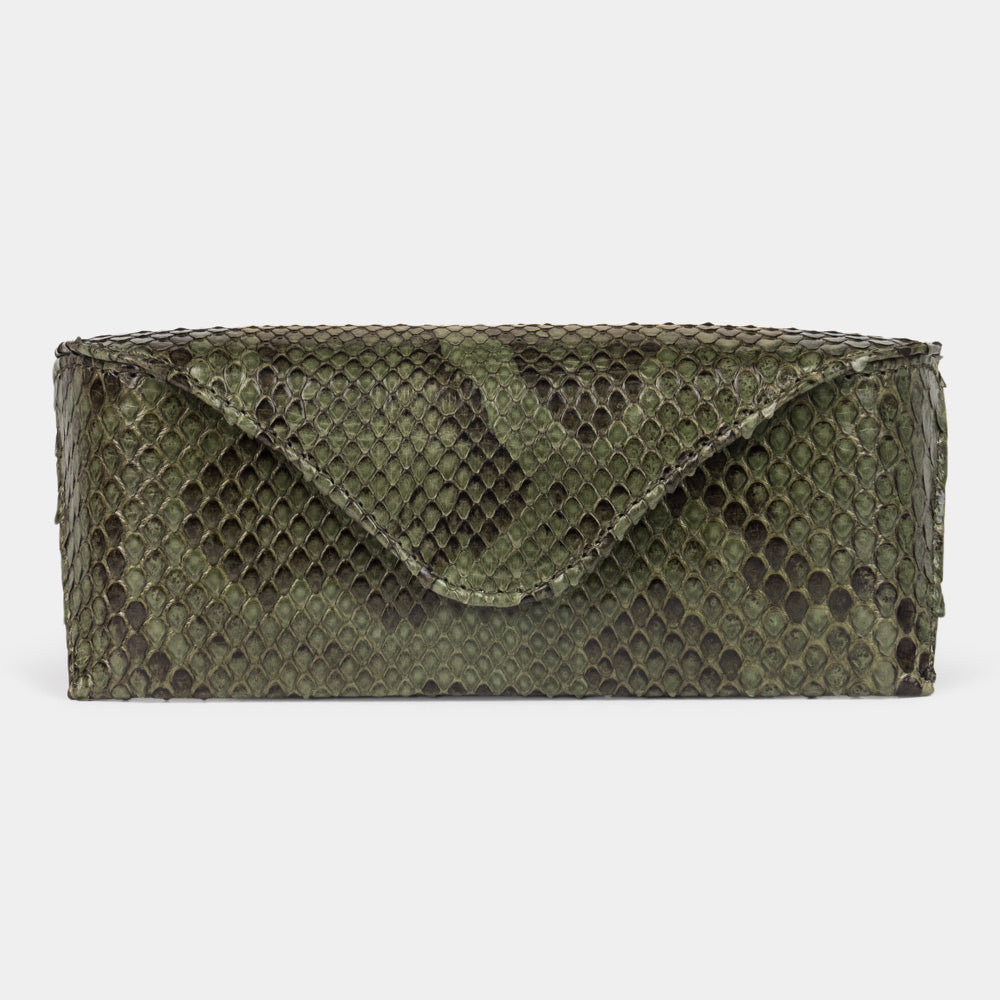 Casual glasses case in green python leather, front view with the flap closed