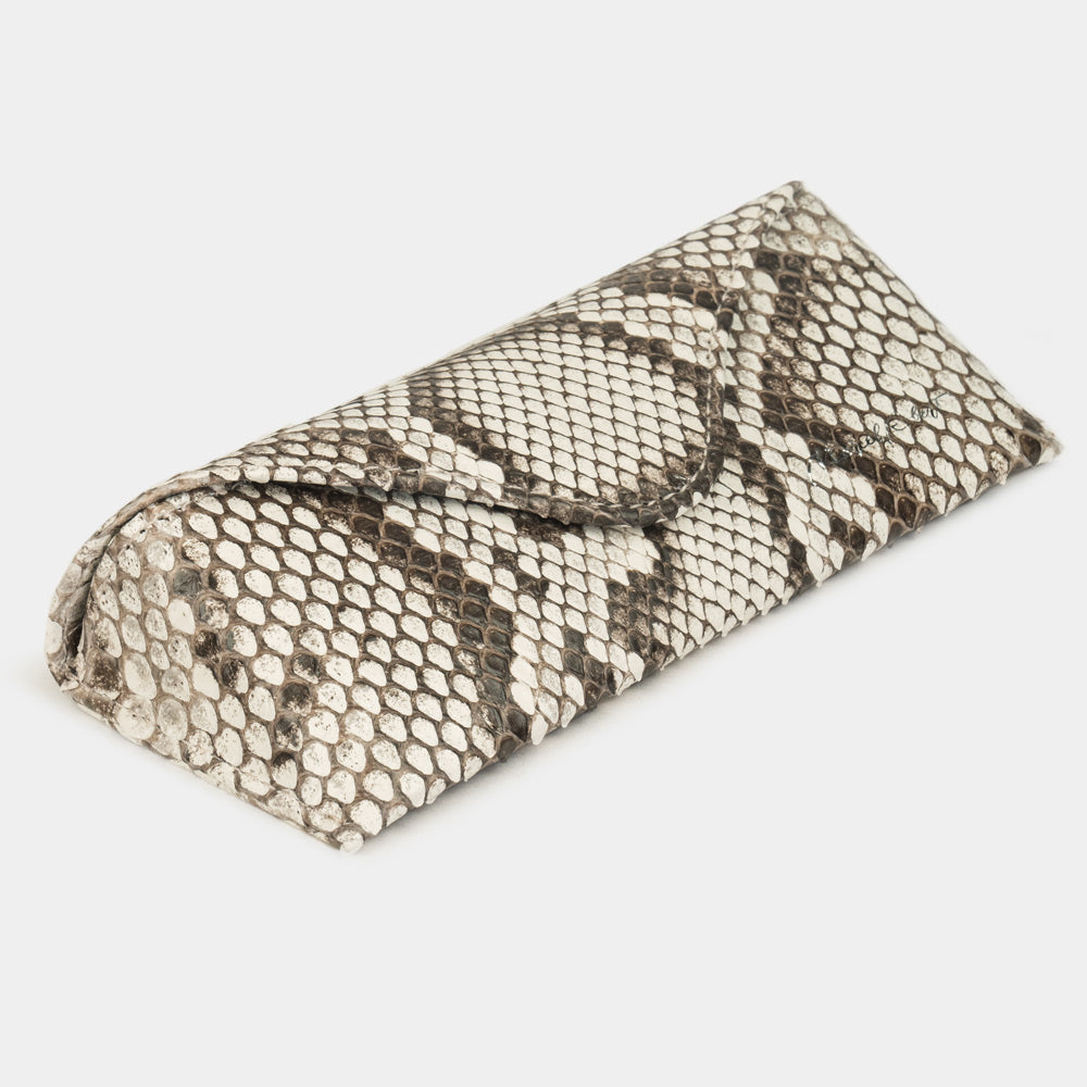 Natural python leather Casual glasses case at an angle, curved magnetic flap