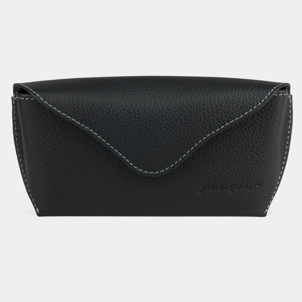 Riviera sunglasses case in black calfskin, front view with the flap closed