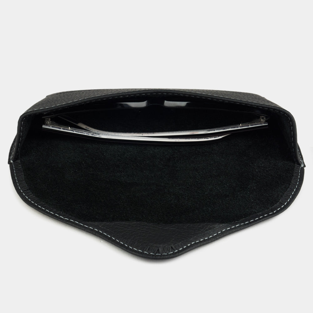 Black calfskin leather hard sunglasses case with structured protective shell