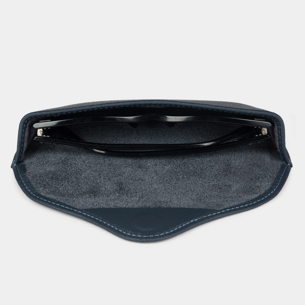 Luxury blue leather sunglasses case featuring durable hard shell construction
