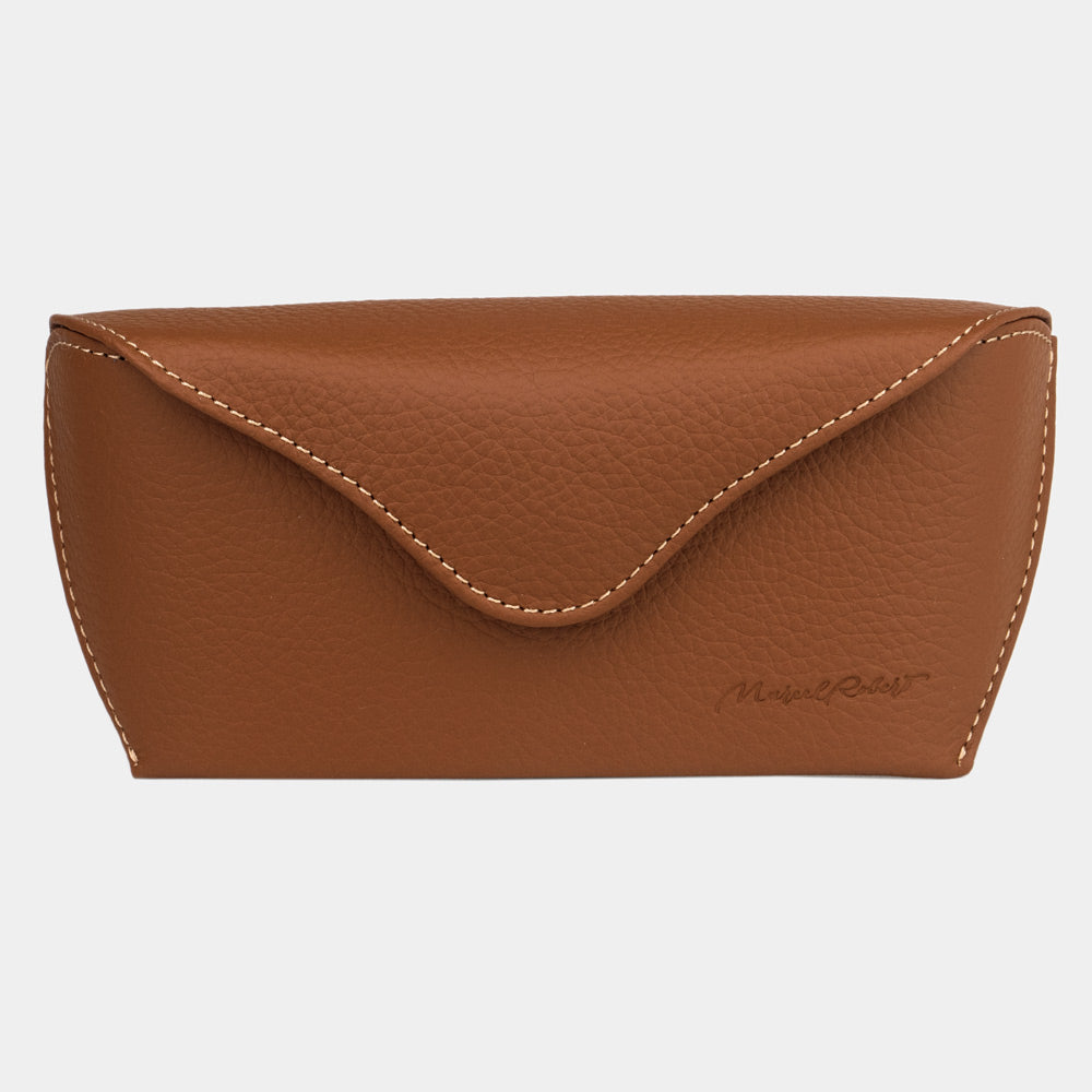 Riviera sunglasses case in gold calfskin, front view with the flap closed