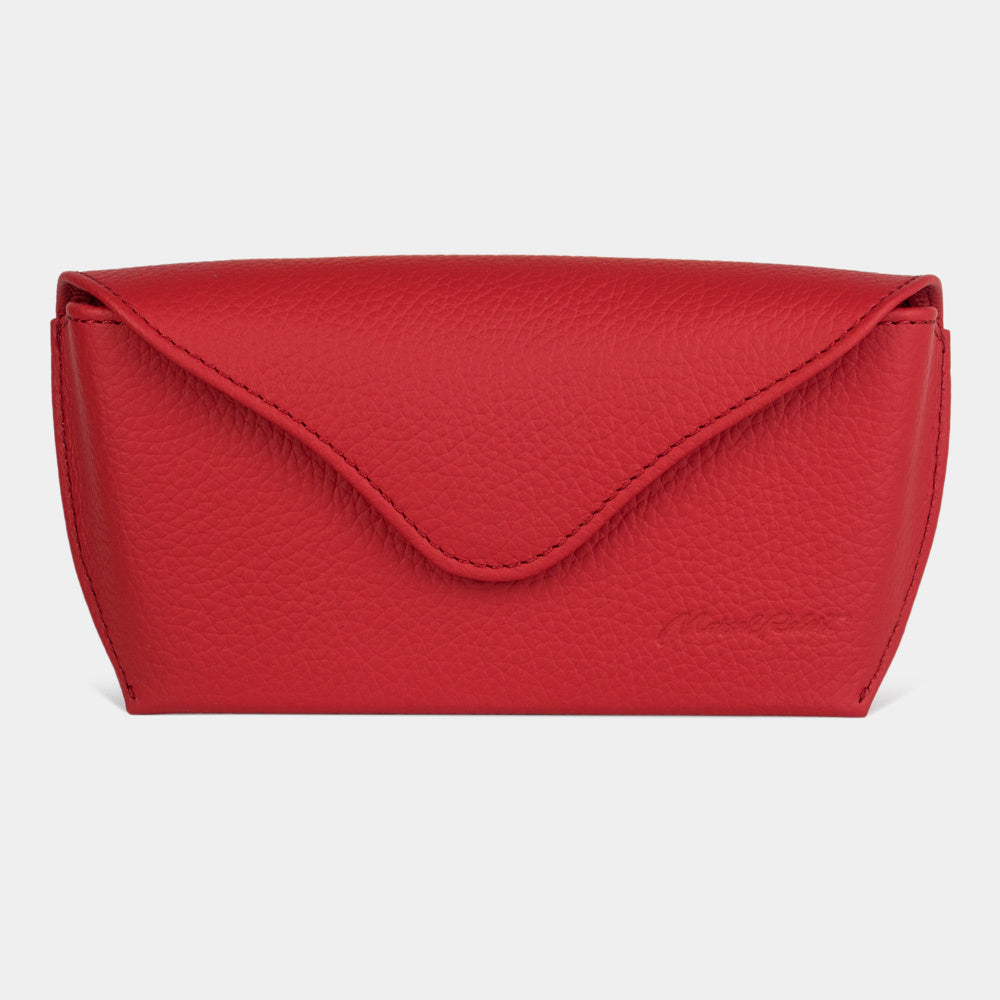 Riviera sunglasses case in red calfskin, front view with the flap closed