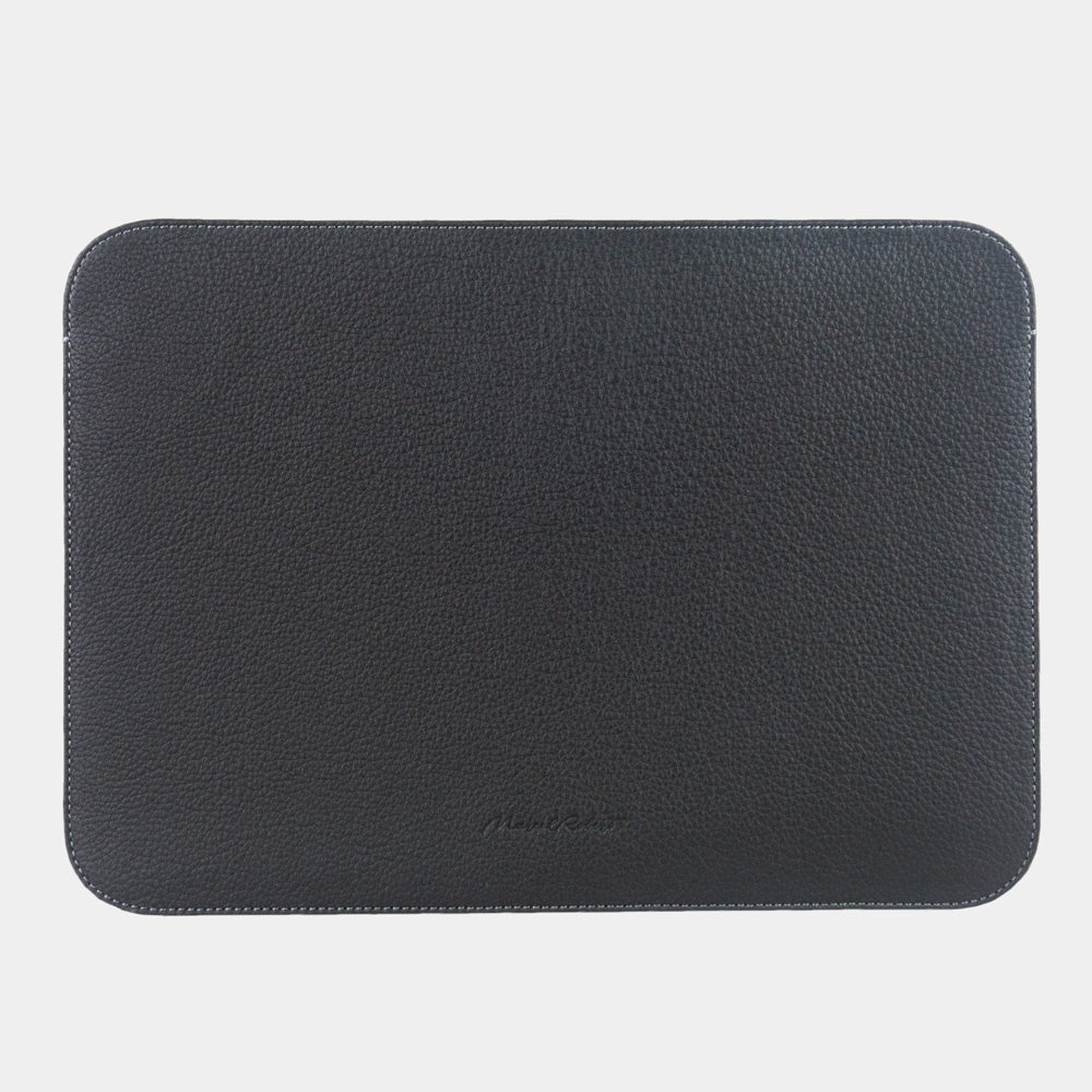 Minimalist black leather MacBook sleeve 14 inch back view, slim protective laptop pouch