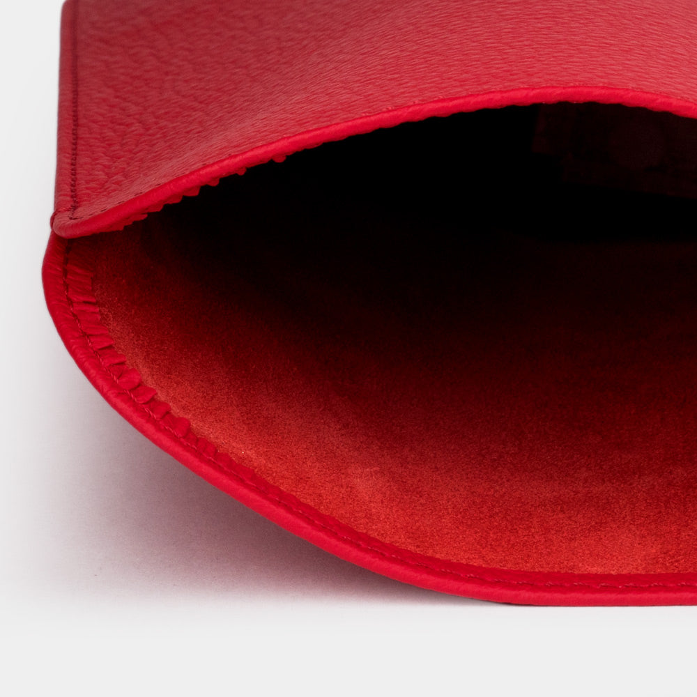 Red leather MacBook sleeve 14 inch detail showing opening and soft interior lining