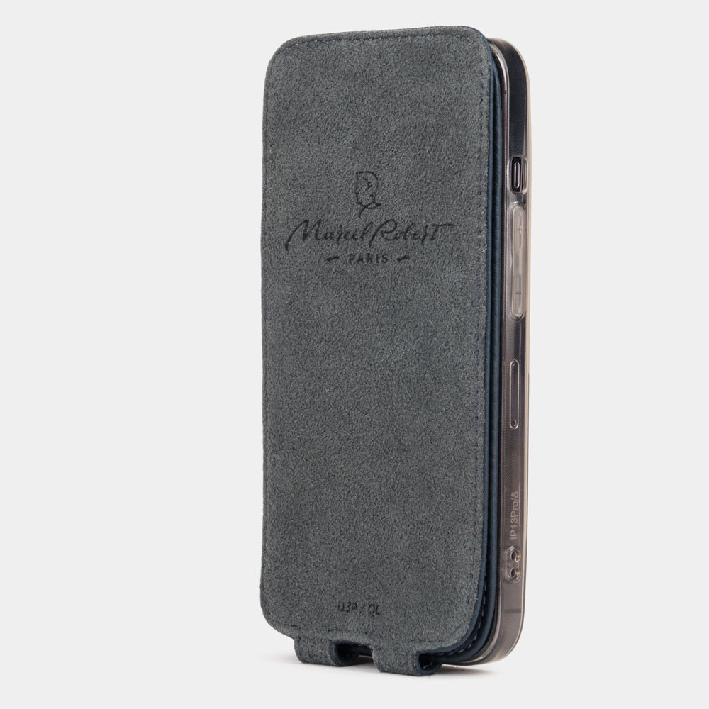 iPhone 14 Plus Blue calfskin flip case – handmade full-grain calfskin
