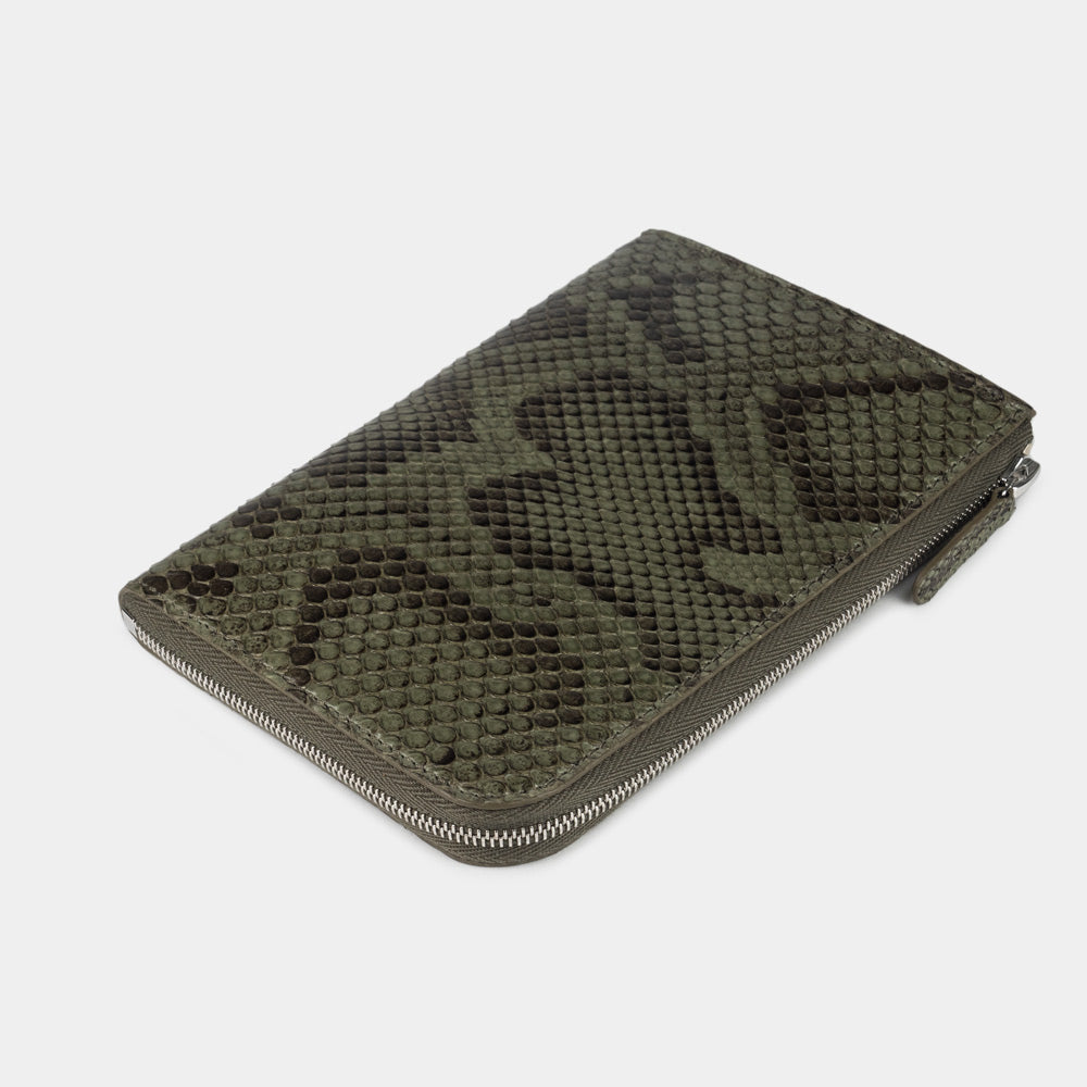 Green Python Leather Zip Around Wallet with Card Holder