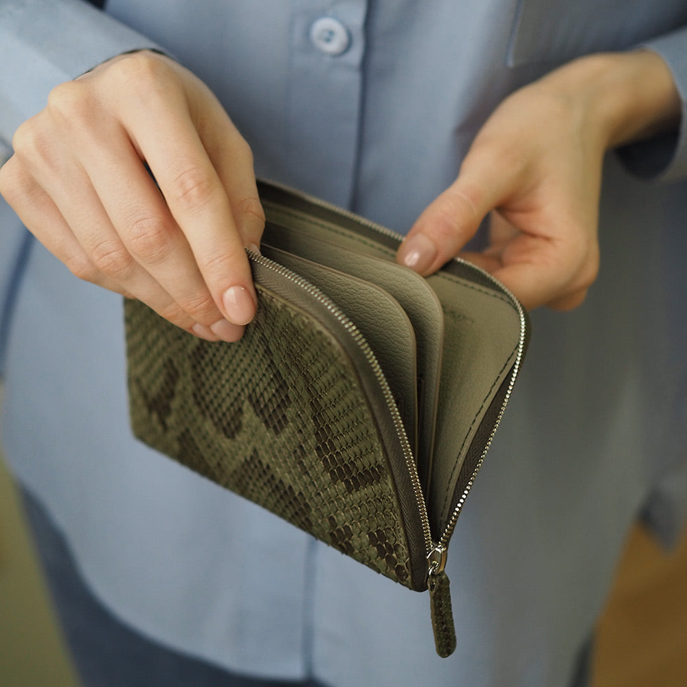 Green Python Leather Zip Around Wallet with Card Holder