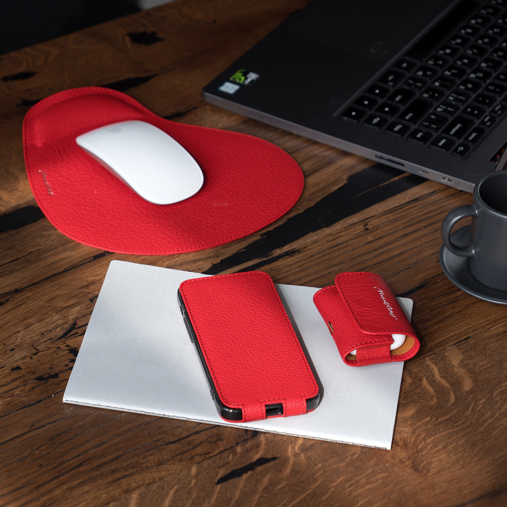 iPhone 14 Pro flip case made with red premium leather – lifestyle photo