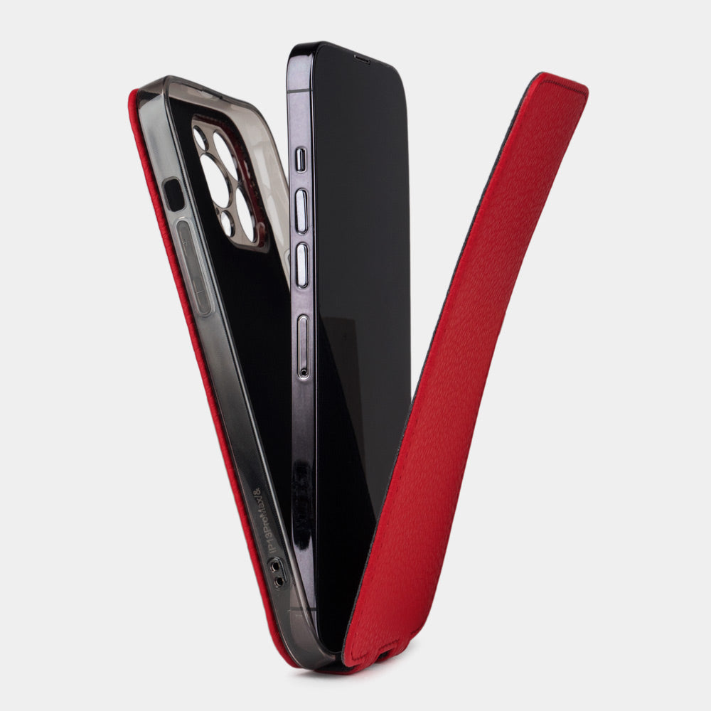iPhone 14 Pro Max flip case made with red premium leather – view showing how the iPhone sits in the slim silicone shell and the soft flap that protects the screen