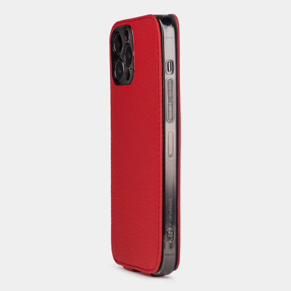iPhone 14 Pro flip case made with red premium leather – view from the camera side showing how the leather efficiently protects the camera block