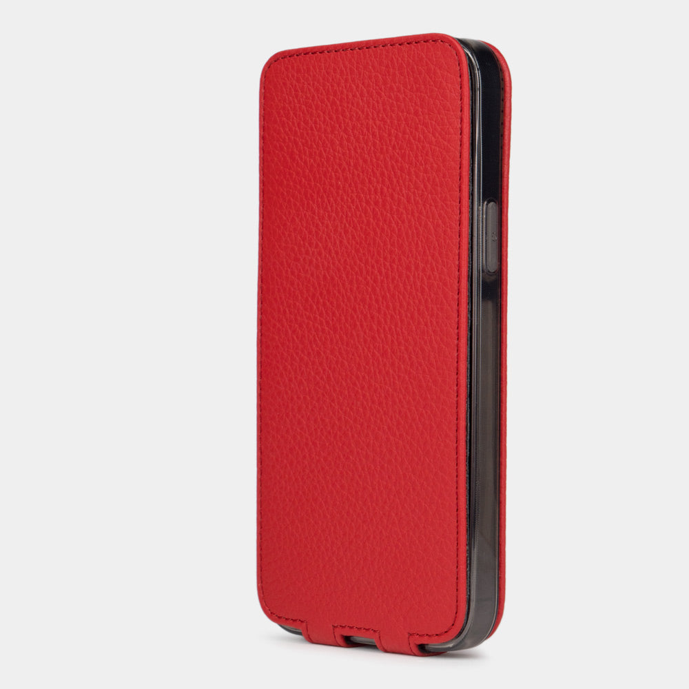 iPhone 14 Pro Max flip case made with red premium leather – the closed case seen from the front, the flap held over the screen by the integrated magnets