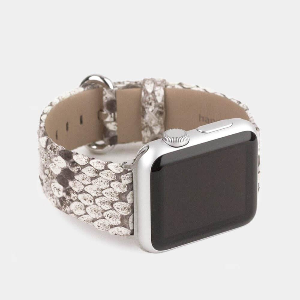 Strap for the Apple Watch 41/42 mm in natural python leather, with steel adapters and buckle | 3/4 profile view to see the inner lining leather
