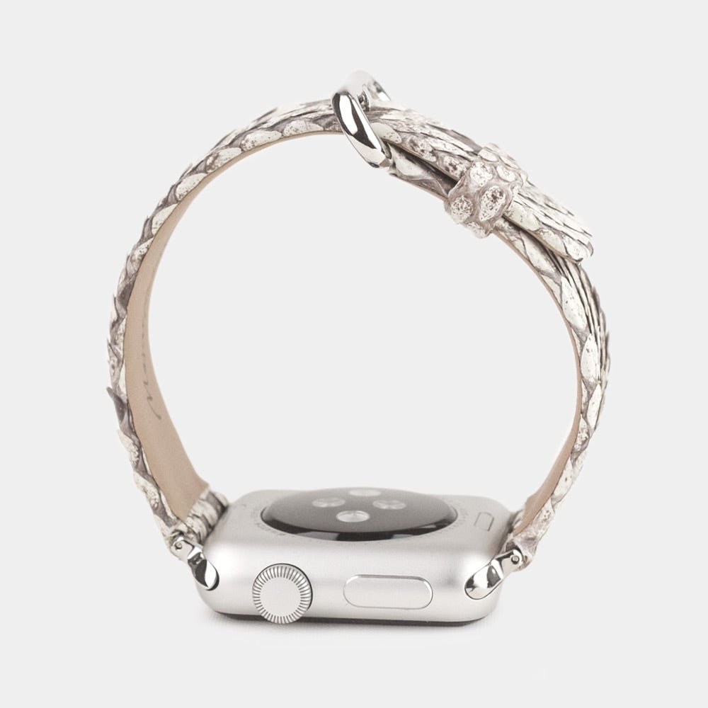 natural python strap apple watch with steel adapters and buckle profile view