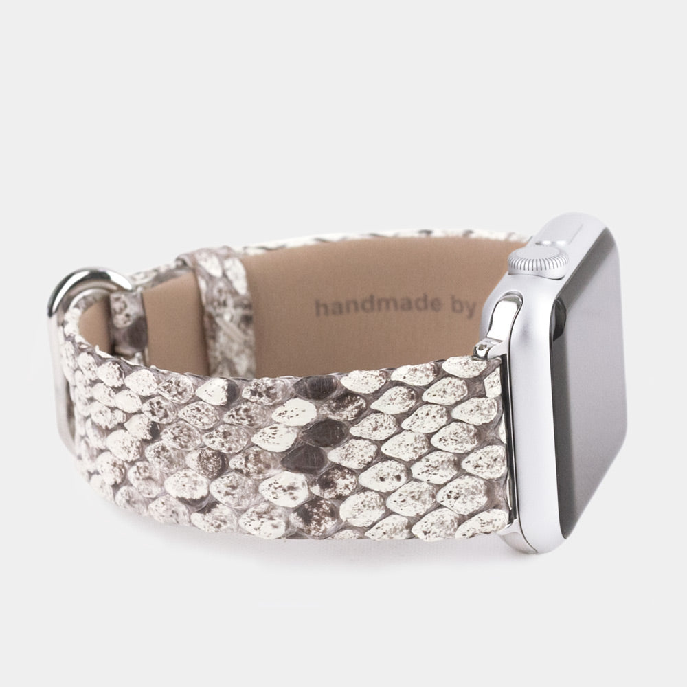 natural python strap apple watch with steel adapters and buckle side view