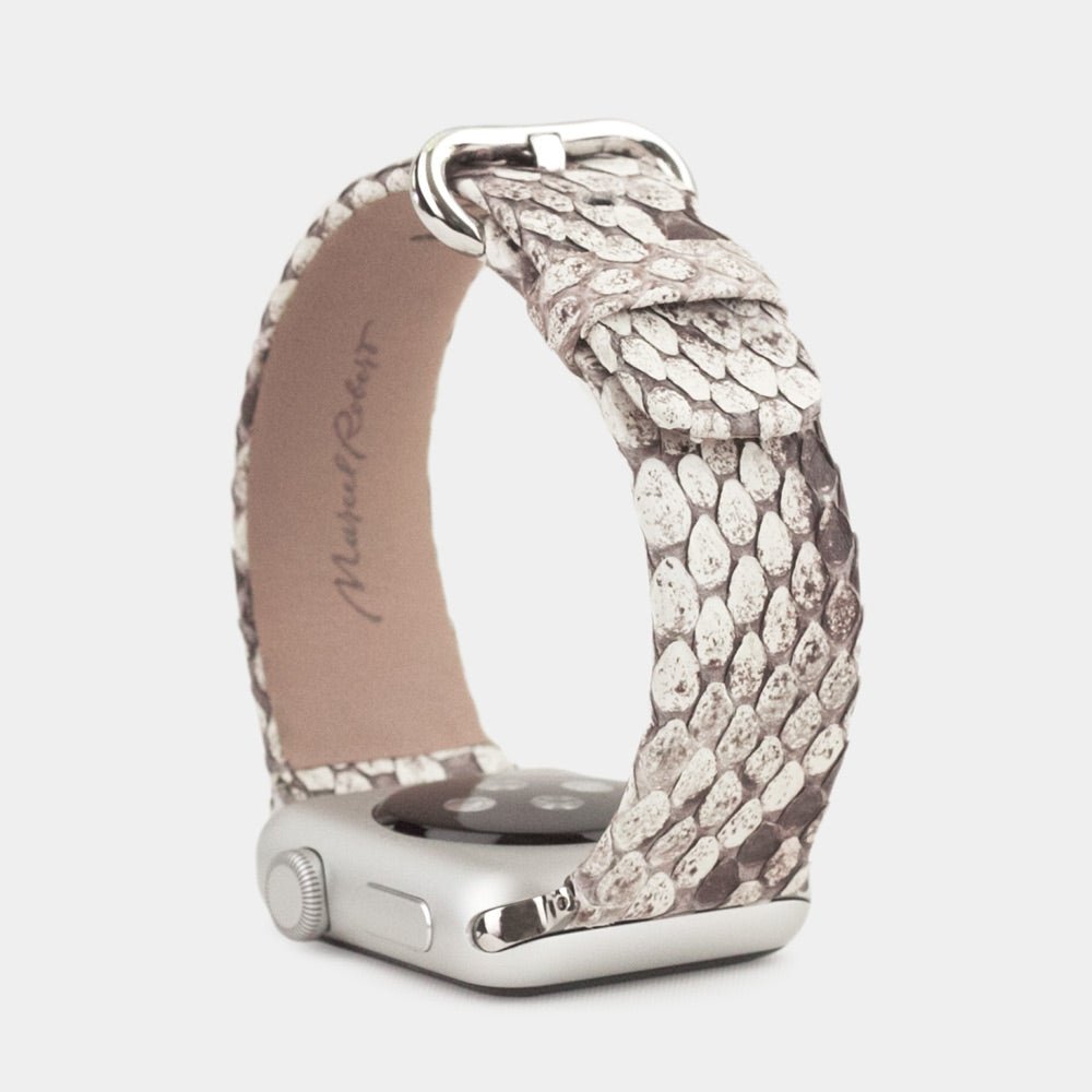 natural python strap apple watch with steel adapters and buckle upper view