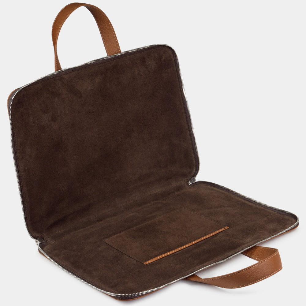 Gold 17 inch leather laptop bag with pockets interior view, organised business compartments