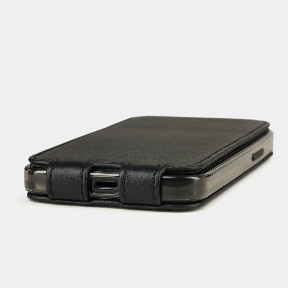 black leather flip case for iPhone 12 mini, view of the case laid flat showing its slim profile
