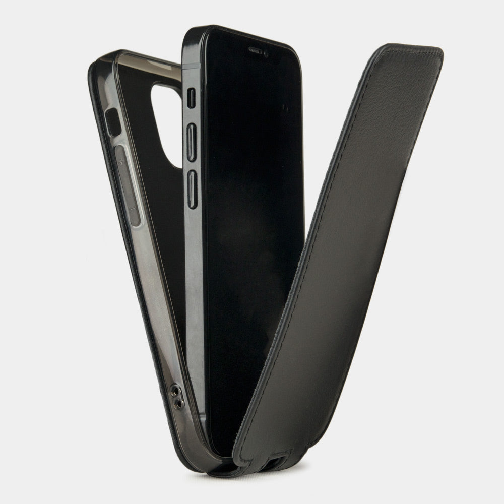 black leather iPhone 12 mini case showing slim protective silicone shell and magnetic flip cover