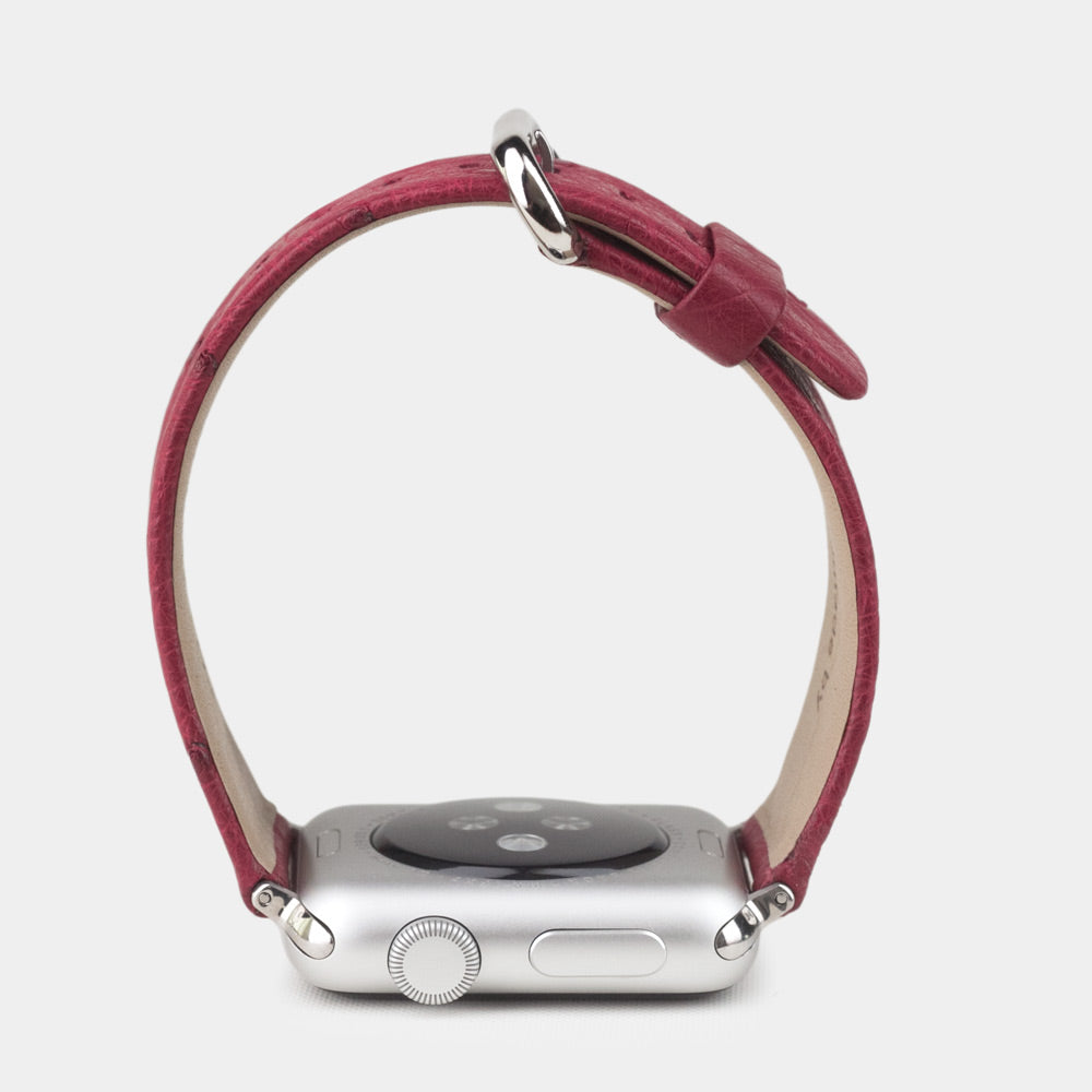 pink ostrich band apple watch steel adapters and buckle profile view