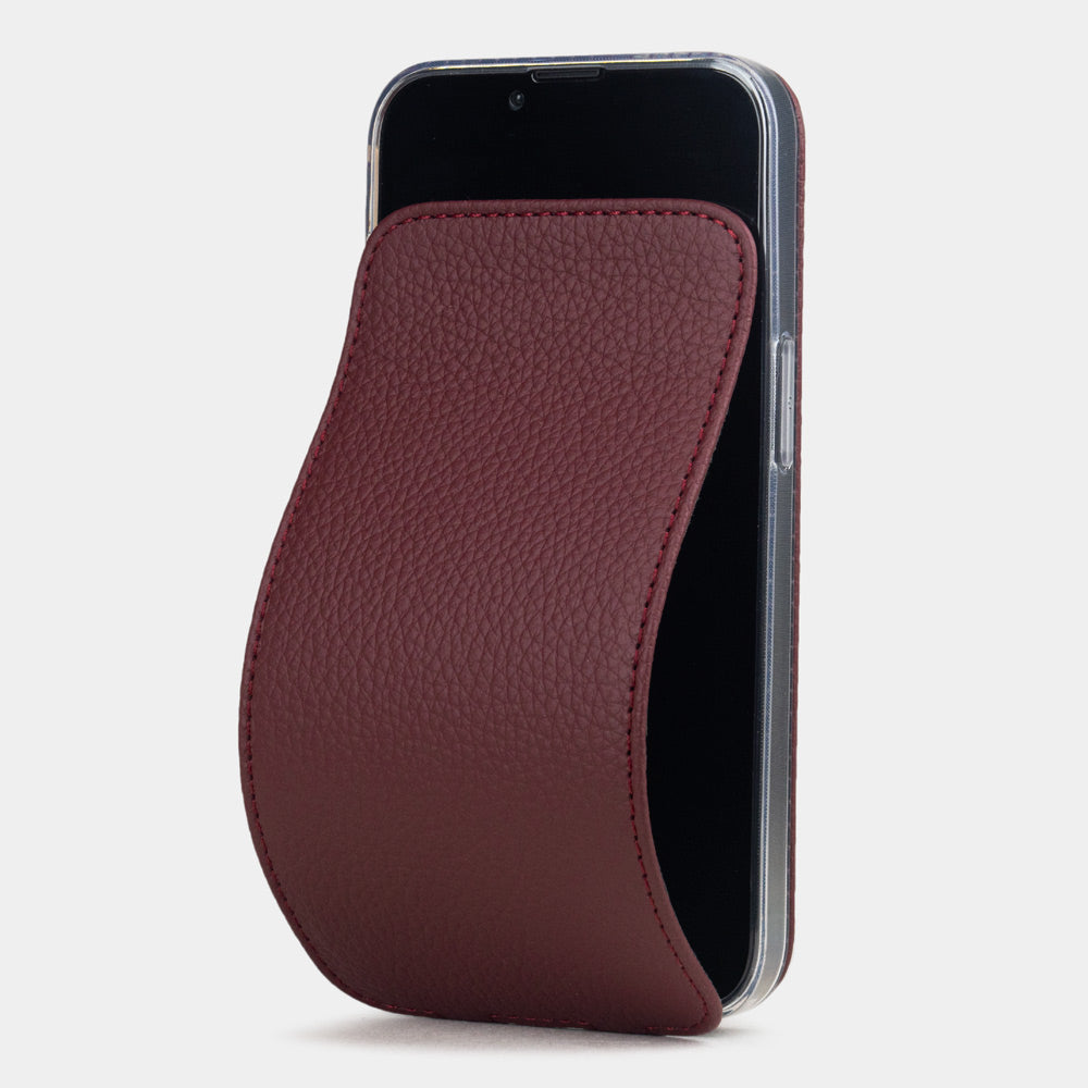 iPhone 16e flip case handmade in France with natural leather in dark red color, MagSafe compatible