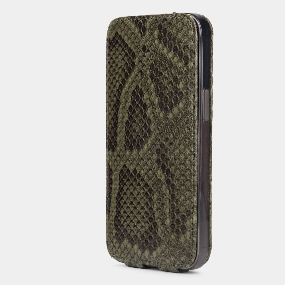 Green python leather iPhone 14 Pro case, back view showing the camera cut-out and natural scale pattern