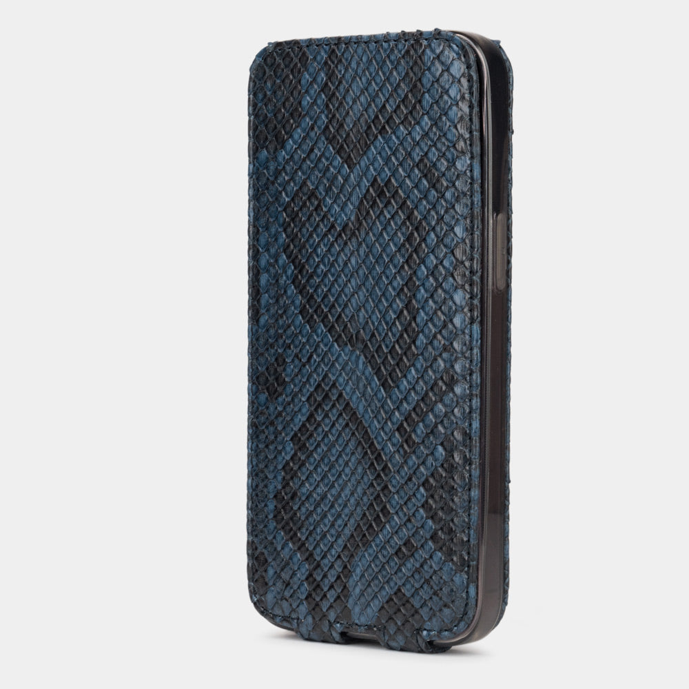 Blue python leather iPhone 14 Pro case laid flat, MagSafe flip cover