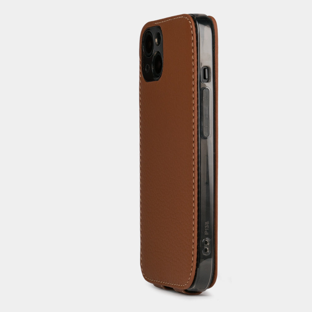 iPhone 14 flip case made with gold premium leather – view from the camera side showing how the leather efficiently protects the camera block