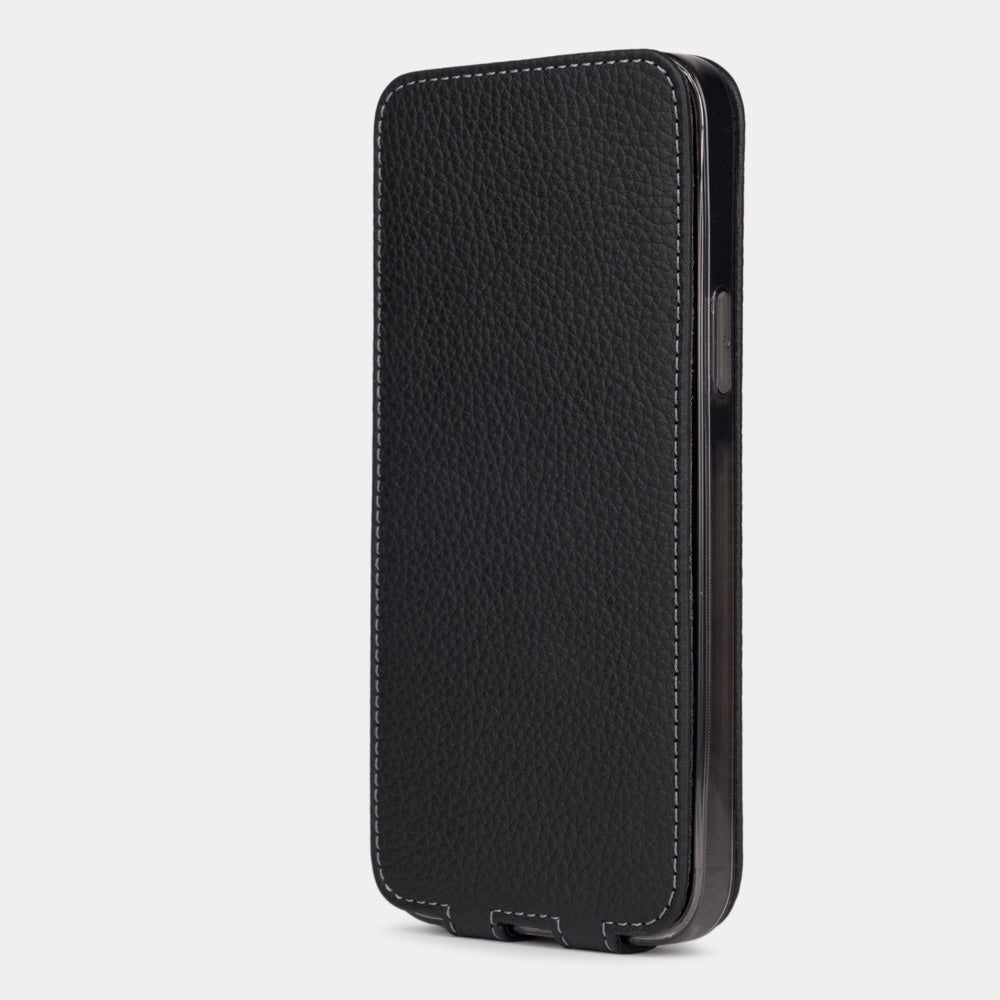 black calfskin leather iPhone 13 case showing full-grain leather texture and stitching