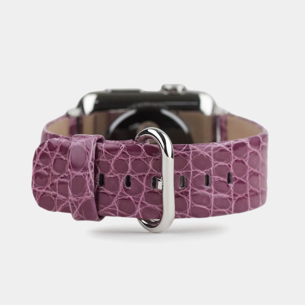 Strap for the Apple Watch 45/46 mm in purple shiny alligator leather, with steel adapters and buckle | main view