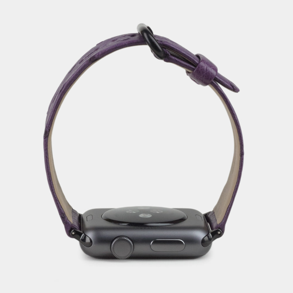 purple ostrich strap apple watch black adapters and buckle profile view