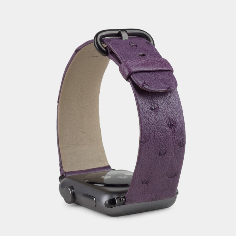 purple ostrich strap apple watch black adapters and buckle upper view
