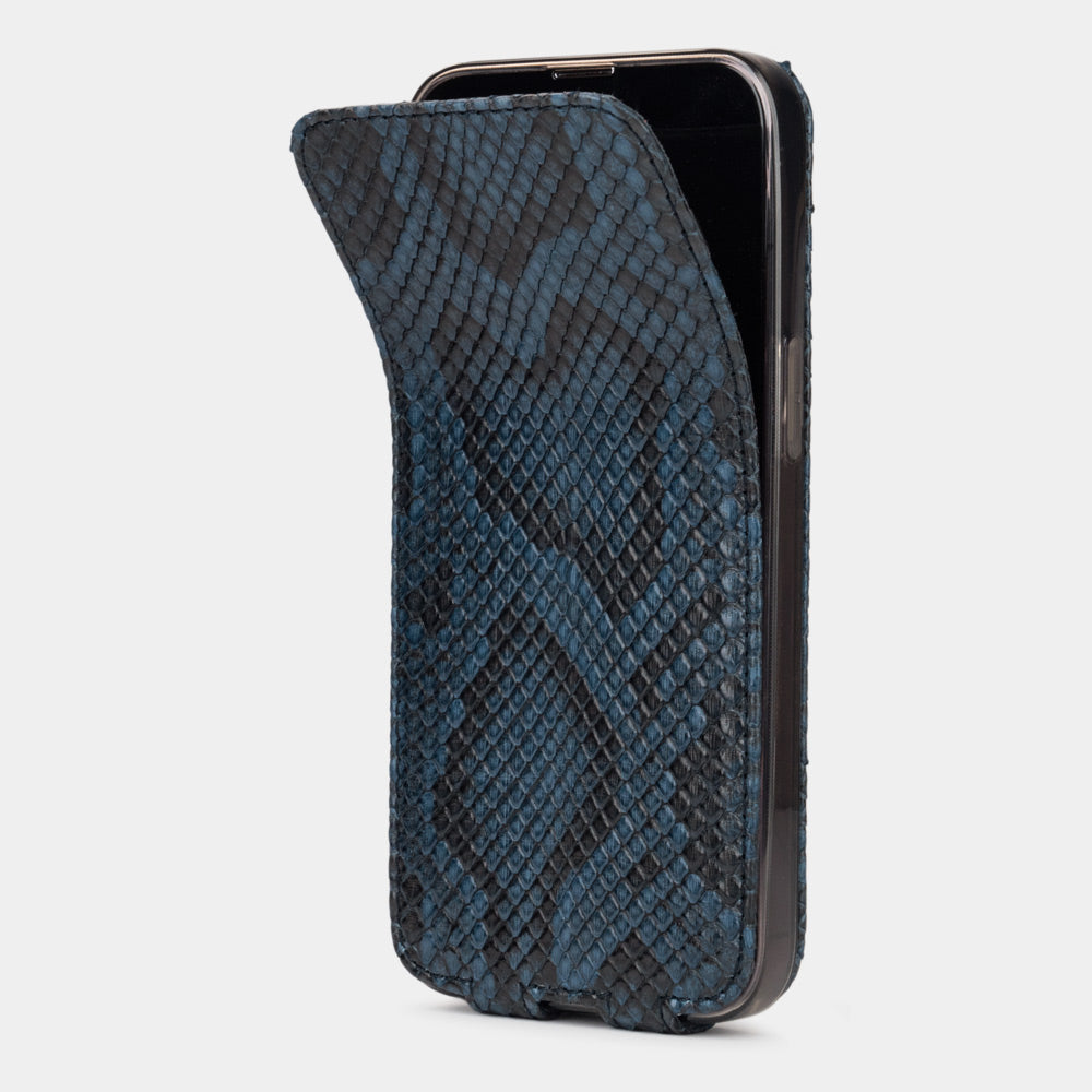 Blue python leather case iPhone 15 Pro Max – front cover folded flat behind the phone, hands-free position for calls