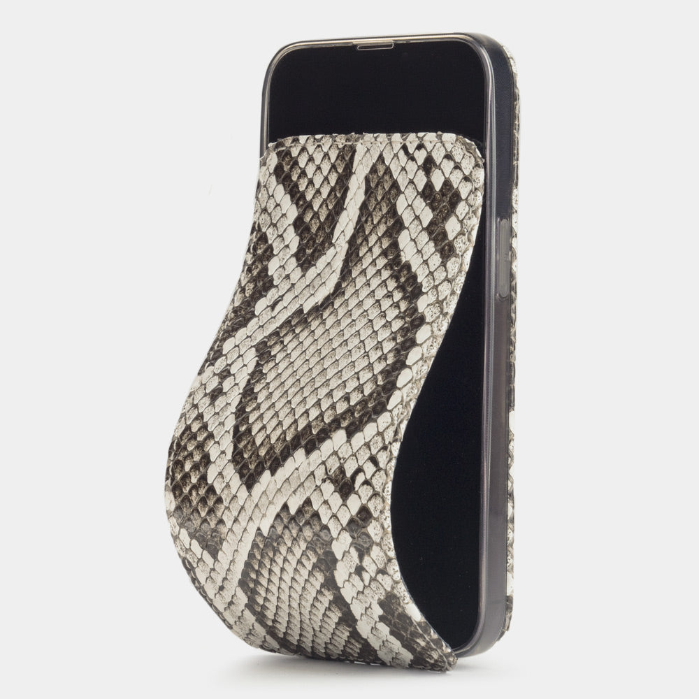 Natural python leather flip case for iPhone 15 Pro – folding magnetic flap curving away from the screen
