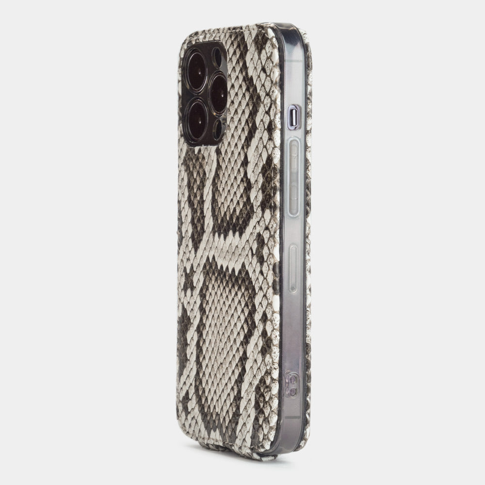 Natural python leather flip case for iPhone 15 Pro – back view showing the camera cutout and the exotic leather edges