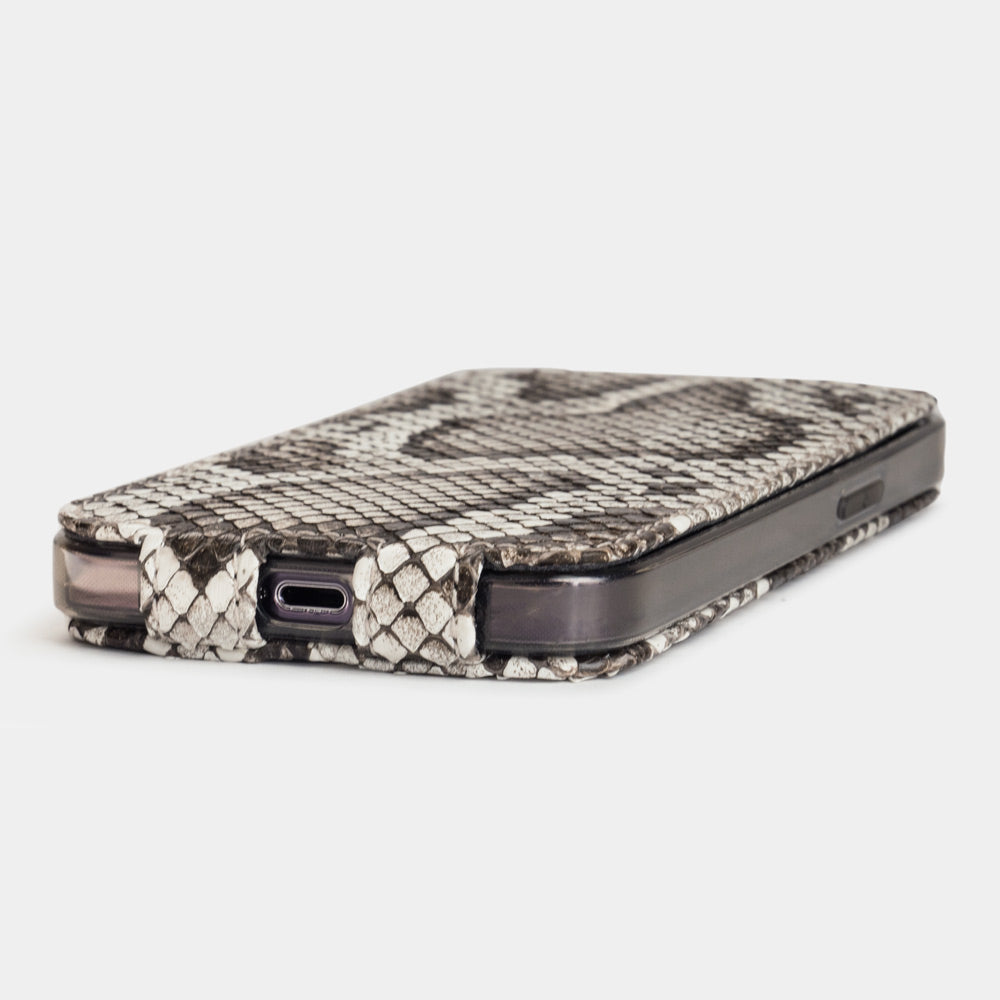Natural python leather case iPhone 15 Pro Max – three-quarter angle highlighting the python skin texture