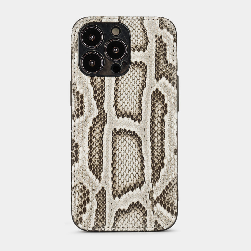 Natural python leather cover case for iPhone 15 Pro – back view showing the natural scale pattern and the camera cutout