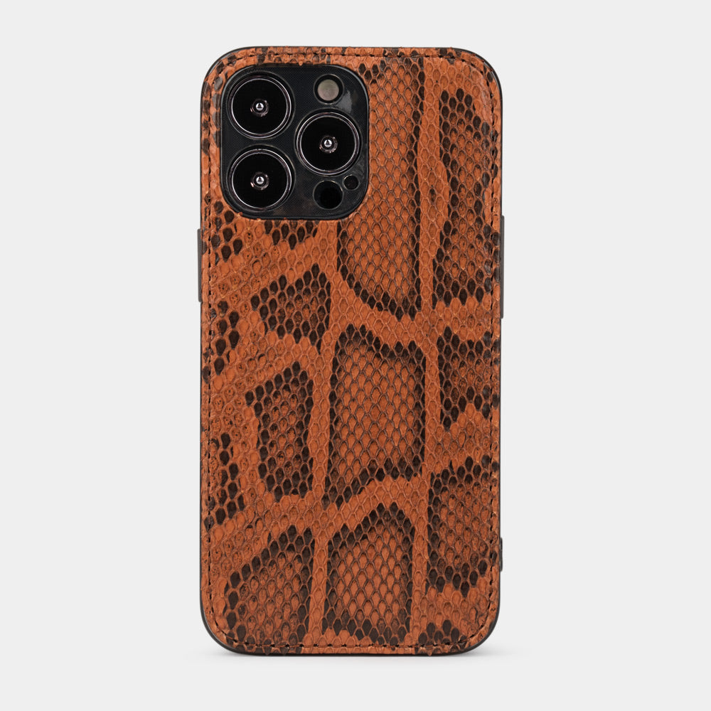 Gold python leather cover case for iPhone 15 Pro – back view showing the natural scale pattern and the camera cutout
