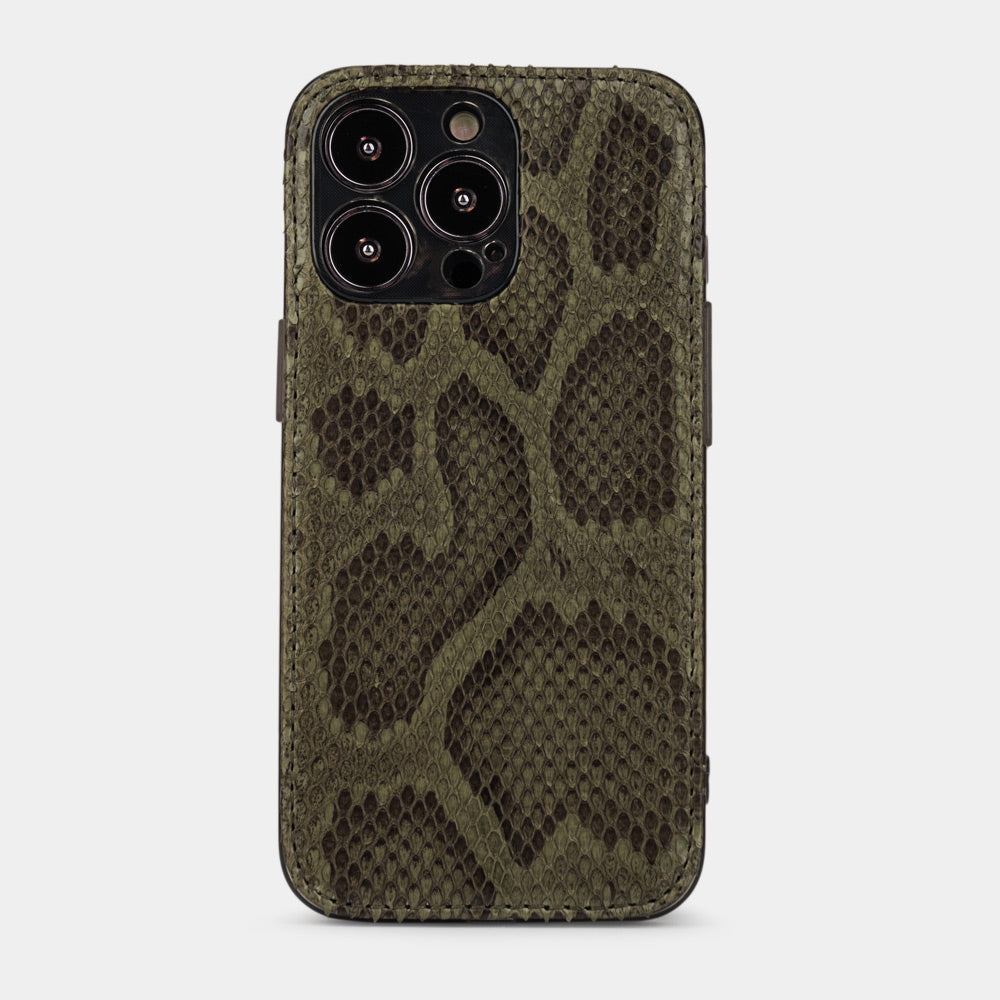 Green python leather cover case for iPhone 15 Pro – back view showing the natural scale pattern and the camera cutout